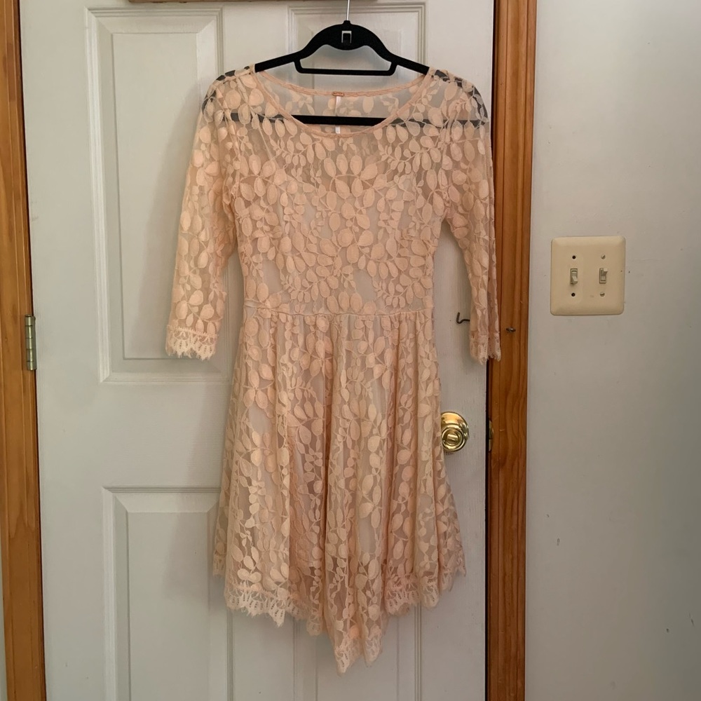 Free People Ballet Pastel Pink Lace Dress With 3/4 Sleeves, Size Zero